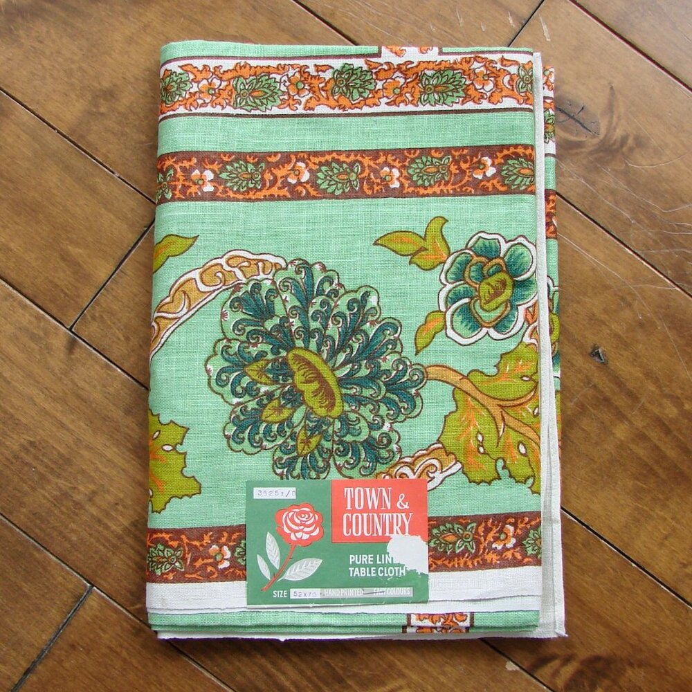 Vintage Tablecloth MCM Mid Century Modern Linen Floral Hand Print RARE NEW NOS
